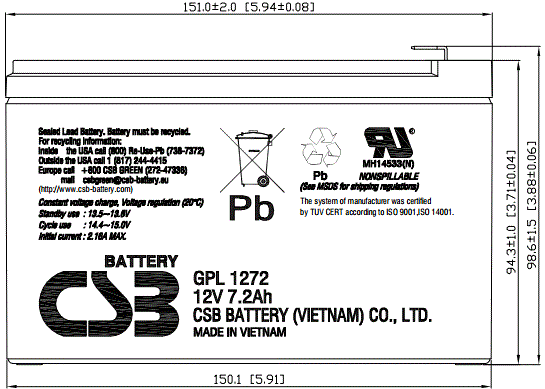 габаритные размеры батареи CSB GPL 1272